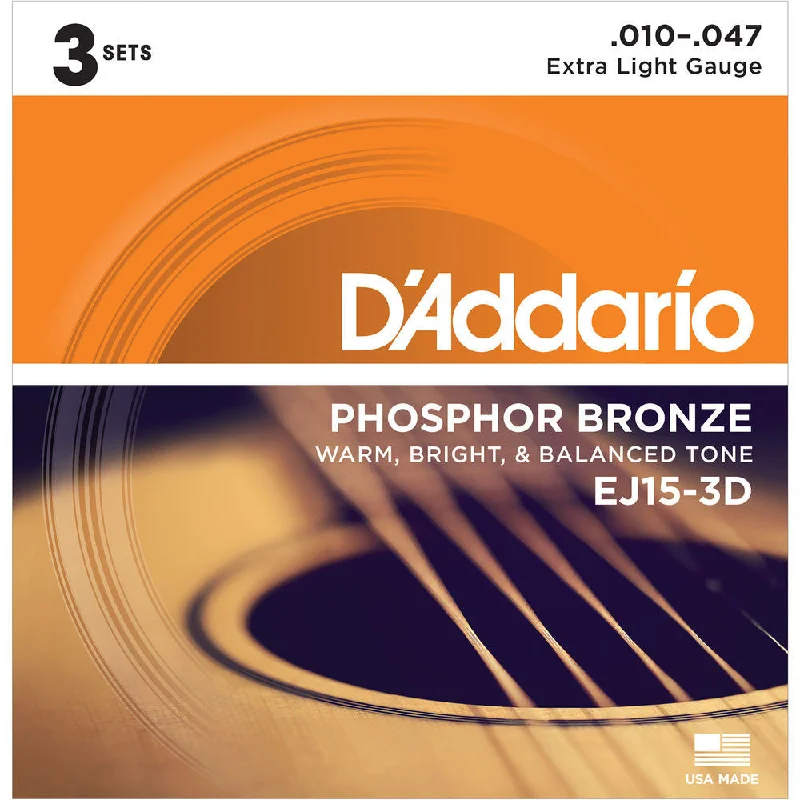 D'Addario EJ15-3D Extra Light Phosphor Bronze Multi-Pack Acoustic Guitar Strings (6-String Set, 10 - 47, 3-Pack)